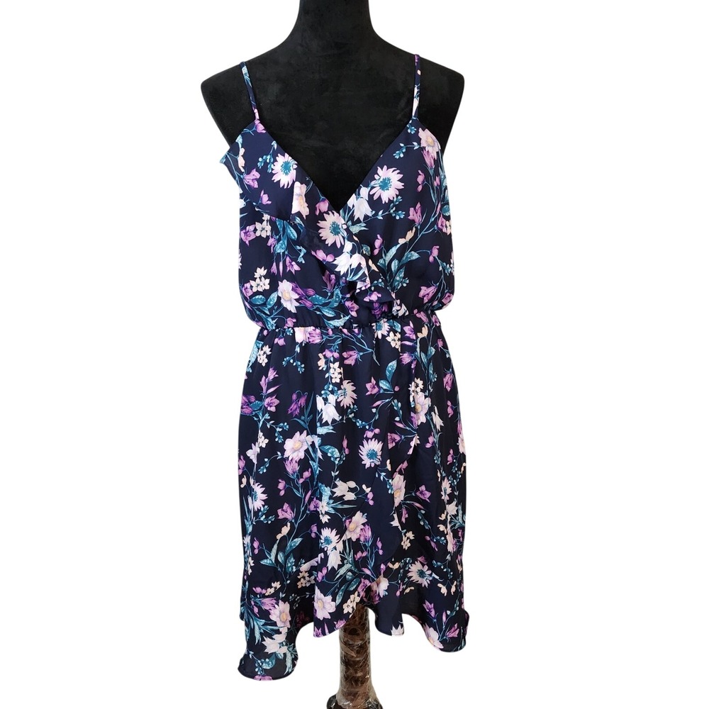 SOCIALITE Size Large Navy Blue Wildflower Floral Ruffle Faux Wrap Sundress